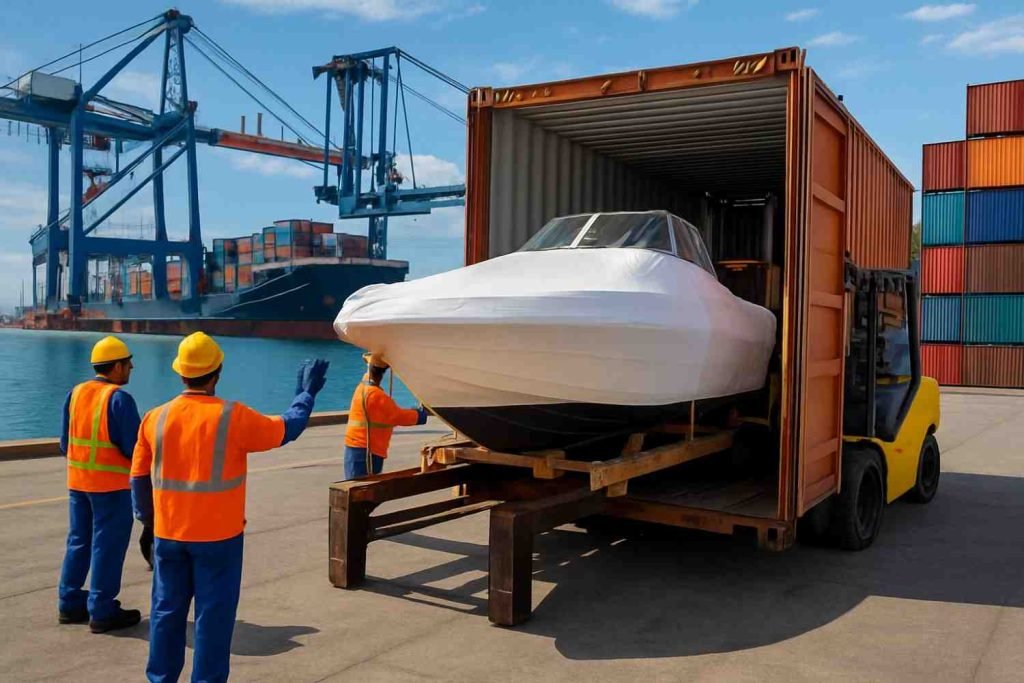 NexGen Auto Transport providing professional boat trailering service with an experienced crew securing a fishing boat to a custom trailer for safe transport.